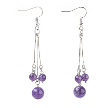 Natural Amethyst Dangle Earrings, with 304 Stainless Steel Earring Hooks and Iron Eye Pins, Round, 77~78mm, Pendant: 57~58mm, Pin: 0.6mm
