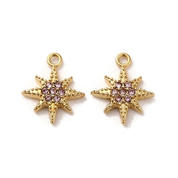 304 Stainless Steel Rhinestone Charms, Real 14K Gold Plated, Star Charm, Light Rose, 11.5x9.5x2mm, Hole: 1mm
