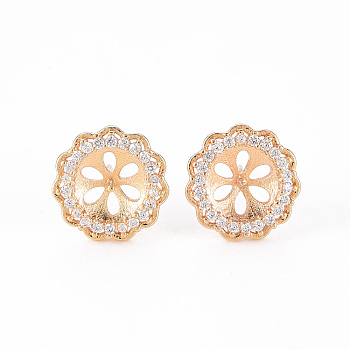 Brass Micro Pave Clear Cubic Zirconia Stud Earrings Findings, for Half Drilled Bead, Nickel Free, Flower, Real 18K Gold Plated, 12.5mm, Pin: 0.8mm, Pin: 0.8mm(for Half Drilled Bead)