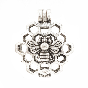 Alloy Locket Pendants, Diffuser Locket, Hollow, Honeycomb with Bee, Antique Silver, 26x22x13mm, Hole: 4x3mm, Inner Measure: 18mm