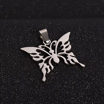 201 Stainless Steel Butterfly Pendants, Stainless Steel Color, 30x34x1.5mm, Hole: 4x9mm