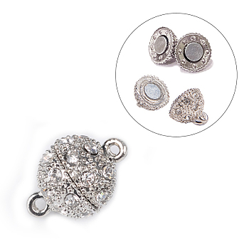 Alloy Rhinestone Magnetic Clasps with Loops, Round, Platinum, 20.5x14.5mm, Hole: 1.5mm