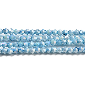 Opaque Baking Painted Glass Beads Strands, AB Color, Faceted, Bicone, Light Sky Blue, 3x2.5~2.8mm, Hole: 0.7mm, about 157~160pcs/strand, 16.38~16.54 inch(41.6~42cm)