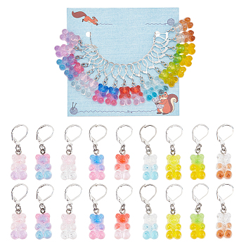 18Pcs 9 Colors Resin Bear Pendant Stitch Marker, with Brass Leverback Earring Findings, Mixed Color, 3.8cm, 2pcs/color