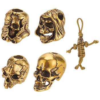 4Pcs 4 Styles Brass European Beads, Large Hole Beads, Skull, Antique Golden, 16~22x15~16.5x14~22mm, Hole: 5.4~9x5.4~11mm & 3.8~13x3.8~13.5mm, 1pc/style