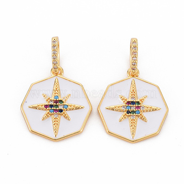 Real 18K Gold Plated White Octagon Brass+Cubic Zirconia+Enamel Pendants