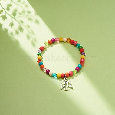 Synthetic Turquoise(Dyed) & Acrylic Beaded Stretch Bracelet with Alloy Charm for Women(BJEW-JB08627-05)-2
