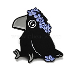 Crow with Flower Enamel Pins, Painting Black Alloy Badges for Backpack Clothes, Cornflower Blue, 32.5x35mm(JEWB-K040-01B)