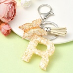 Resin & Acrylic Keychain, with Faux Suede Tassel Pendant & Alloy Findings, Letter R, 9.5cm(KEYC-YW00121-18)