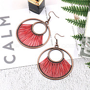 Creative Design Alloy Dangle Earrings, with Yarn, Flat Round, Red Copper, Red, 75x55mm(EJEW-F238-20C)