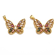 Brass Micro Pave Clear Cubic Zirconia Pendants, Long-Lasting Plated, Butterfly, Real 18K Gold Plated, 25x29.5x4.5mm, Hole: 3.5x3.5mm(ZIRC-J025-08G)