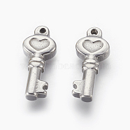 304 Stainless Steel Pendants, Key with Heart, Stainless Steel Color, 19x8x3.5mm, Hole: 1.4mm(STAS-L212-093A)