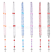 6Pcs 6 Color Imitation Pearl Acrylic & Resin Rose Rosary Bead Necklaces Set, Tibetan Style Alloy Crucifix Cross Pendant Necklaces, Mixed Color, 25.20 inch(64cm), 1Pc/color(NJEW-AB00031)