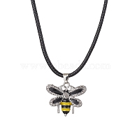 Alloy Rhinestone Bee Pendant Necklaces, with Imitation Leather Cords, Platinum, 17.44 inch(44.3cm)(NJEW-JN04501)