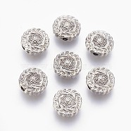 Tibetan Style Alloy Beads, Lead Free & Nickel Free & Cadmium Free, Flat Round, Platinum Color, Size: about 10mm in diameter, 4mm thick, hole: 1.5mm(X-TIBEB-R022-P-FF)