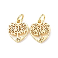Rack Plating Brass Charms, with Jump Ring, Lead Free & Cadmium Free, Hollow, Heart with Tree of Life Charm, Real 18K Gold Plated, 12x10x1.5mm, Hole: 3mm(KK-F849-03G)