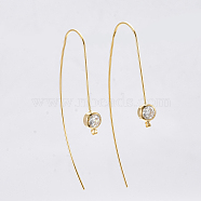 Brass Cubic Zirconia Earring Hooks, Ear Wire, with Horizontal Loop, Clear, Nickel Free, Real 18K Gold Plated, 49x5mm, Hole: 1.2mm, 21 Gauge, Pin: 0.7mm(KK-S350-066G)