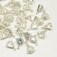 Alloy Charms, with Cubic Zirconia, Triangle, Clear, Silver Color Plated, 11x9x5mm, Hole: 1mm(ZIRC-R007-039A-03)