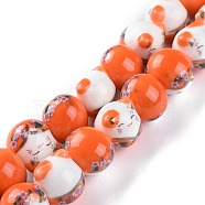 Handmade Printed Porcelain Beads, Lucky Cat with Flower Pattern, Orange, 15mm, Hole: 2.3mm, about 25pcs/Strand, 13.58''(34.5cm)(PORC-M003-08C)