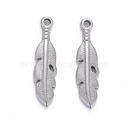 304 Stainless Steel Pendants, Leaf, Stainless Steel Color, 16.5x4x2mm, Hole: 1mm(STAS-K213-04C-P)