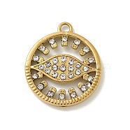 304 Stainless Steel Rhinestone Pendants, Horse Eye, Golden, 21x18x2.5mm, Hole: 2mm(STAS-I322-49G)