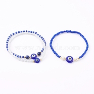Glass Seed Beaded Stretch Bracelets, Stackable Bracelets, with Natural Pearl & Lapis Lazuli(Dyed) Beads and Evil Eye Lampwork Beads, Blue, Inner Diameter: 2-1/8~2-1/4 inch(5.4~5.6cm), 3pcs/set(BJEW-JB05969-02)