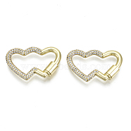 Brass Micro Pave Cubic Zirconia Screw Carabiner Lock Charms, for Necklaces Making, Heart to Heart, Nickel Free, Real 16K Gold Plated, Clear, 21x32x3mm, Screw: 8x5mm(ZIRC-N039-009A-NF)
