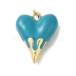Rack Plating Brass Pendants, with Enamel, Long-Lasting, Lead Free & Cadmium Free, Real 18K Gold Plated, Heart Charm, Dark Turquoise, 24.5x19.5x8.5mm, Hole: 3mm(KK-S366-06G-06)