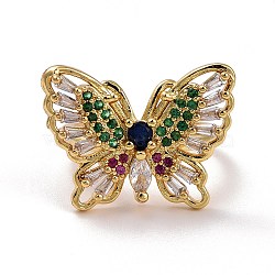 Colorful Cubic Zirconia Butterfly Open Cuff Finger Ring, Brass Jewelry for Women, Golden, US Size 6 1/2(16.9mm)(KK-SZ0005-47)
