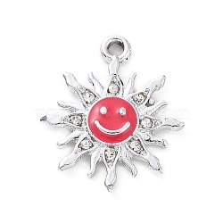 Alloy Enamel Pendants, with Crystal Rhinestone, Smiling Sun Charms, Platinum, Crimson, 22.5x19.5x2.5mm, Hole: 2mm(ENAM-P245-01P-01)