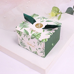Paper Candy Boxes, with Polyester Ribbon, for Bakery Box, Baby Shower Gift Box, Square with Feather Pattern, Green, 6.5x6.5x4.5cm(CON-TAC0005-01B)
