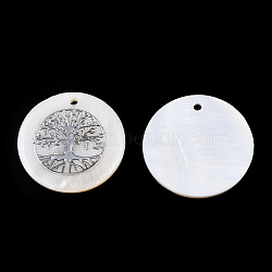 Freshwater Shell Pendants, Covered with Iron Findings, Flat Round with Tree of Life, Platinum, 30~31x2~3mm, Hole: 1.8mm(SHEL-Q016-017P)