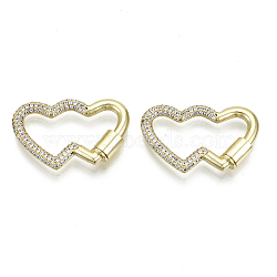 Brass Micro Pave Cubic Zirconia Screw Carabiner Lock Charms, for Necklaces Making, Heart to Heart, Nickel Free, Real 16K Gold Plated, Clear, 21x32x3mm, Screw: 8x5mm(ZIRC-N039-009A-NF)