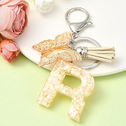 Resin & Acrylic Keychain, with Faux Suede Tassel Pendant & Alloy Findings, Letter R, 9.5cm(KEYC-YW00121-18)