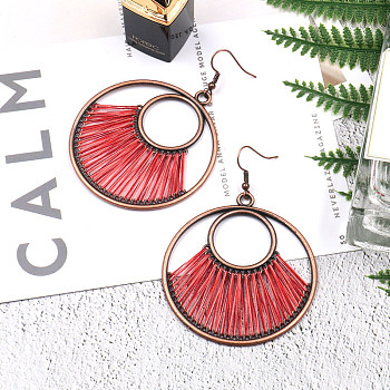 Creative Design Alloy Dangle Earrings, with Yarn, Flat Round, Red Copper, Red, 75x55mm