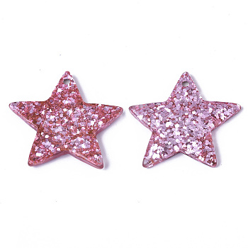 Resin Paillette Pendants, Star, Pink, 31x36.5x4.5mm, Hole: 1.5mm
