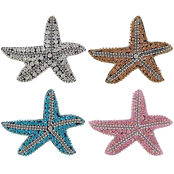 4Pcs 4 Colors Computerized Embroidery Cloth Patches, Stick On Patch, Costume Accessories, Appliques, Starfish, Mixed Color, 103x100x6mm, 1Pc/color