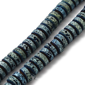 Electroplated Natural Lava Rock Beads Strands, Flat Round/Disc, Heishi Beads, Green Plated, 7x3mm, Hole: 3mm, about 123pcs/strand, 16.14''(41cm)