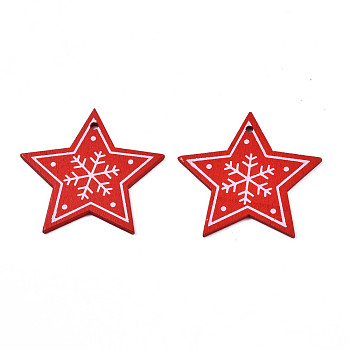 Christmas Theme Spray Painted Wood Pendants, Single-Sided Printed, Star with Snowflake, Red, 47x49x2.5mm, Hole: 2mm