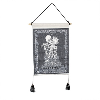 Polyester Decorative Wall Tapestrys, for Home Decoration, with Wood Bar, Nulon Rope, Plastic Hook, Rectangle, Skeleton Pattern, 670x348x1.2mm