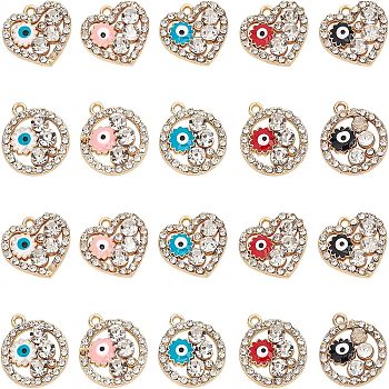 Nbeads 40Pcs 10 Style Rack Alloy Enamel Pendants, with Crystal Rhinestone, Cadmium Free & Nickel Free & Lead Free, Light Gold, Heart & Flat Round, Mixed Color, 17~20x17~17.5x3.5mm, Hole: 1.5~1.6mm, 4pcs/style