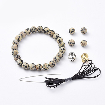 Stretch Bracelets, with Natural Dalmatian Jasper Beads, Buddha Head Alloy Beads and Elastic Fibre Wire, 2 inch(5cm)