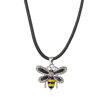 Alloy Rhinestone Bee Pendant Necklaces, with Imitation Leather Cords, Platinum, 17.44 inch(44.3cm)