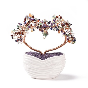 Natural Gemstone Heart Tree Ceramic Bonsai, Amethyst Chips Feng Shui Ornament for Wealth, Luck, Love, Rose Gold Brass Wires Wrapped, 82x170x190mm