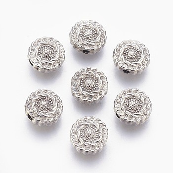 Tibetan Style Alloy Beads, Lead Free & Nickel Free & Cadmium Free, Flat Round, Platinum Color, Size: about 10mm in diameter, 4mm thick, hole: 1.5mm