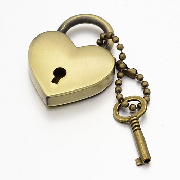 Heart Lock & Key Zinc Alloy Key Clasps, with Iron Ball Chain and Findings, Antique Bronze, 65mm