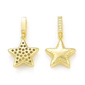 Rack Plating Brass Micro Pave Clear Cubic Zirconia Pendants, Cadmium Free & Lead Free, Long-Lasting Plated, Hollow Star Charm, Real 18K Gold Plated, 20.5x17.5x5.8mm, Hole: 8x2mm
