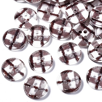 Resin Buttons, 4-Hole, Flat Round with Tartan Pattern, Coconut Brown, 13x2.5mm, Hole: 1.6mm, about 1000pcs/bag