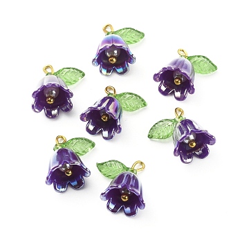 Opaque Resin Pendants, Bell Orchid Flower Charms with Leaf, with Golden Tone Iron Findings, Indigo, 14x13x10.5mm, Hole: 3x2mm