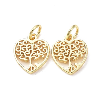 Rack Plating Brass Charms, with Jump Ring, Lead Free & Cadmium Free, Hollow, Heart with Tree of Life Charm, Real 18K Gold Plated, 12x10x1.5mm, Hole: 3mm